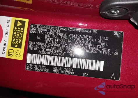 2010 Lexus Rx 350 из США, поврежденный, VIN 2T2BK1BA5AC068800